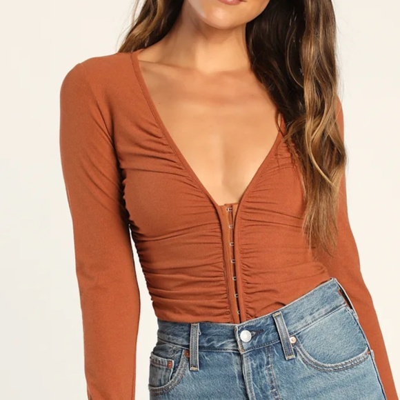 Lulus Perfectly Pleased Rust Brown Ruched Long Sleeve Bodysuit - Picture 1 of 6